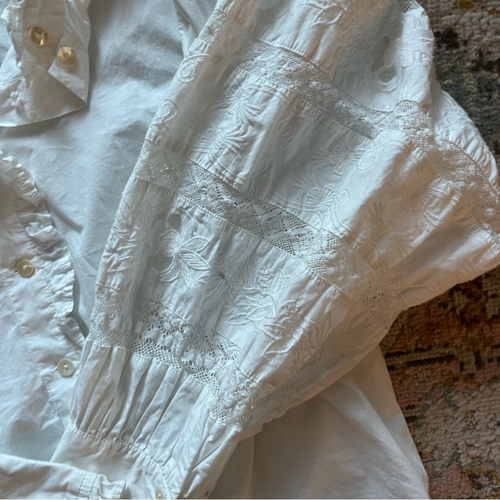 White Embroidered Cotton Blouse with Ruffle Collar - Picture 2 of 8